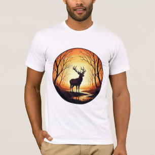 Camiseta Ilustração de Veado Majestoso na Floresta ao Pôr d