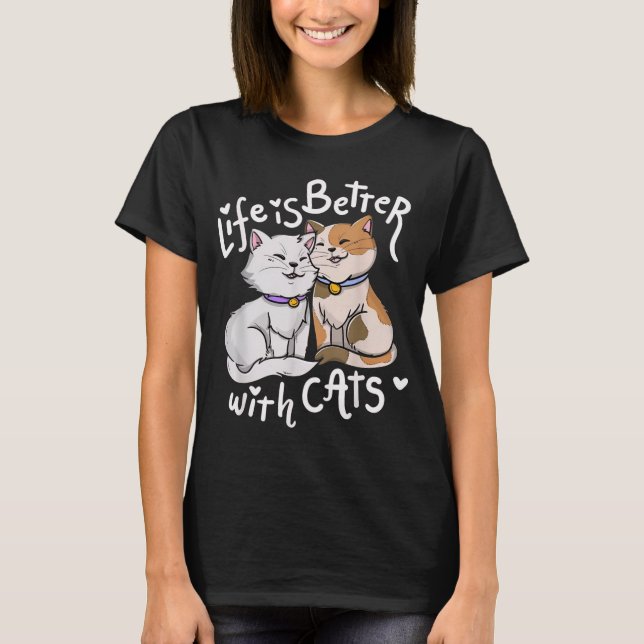 Camiseta Ilustração de Vida é Melhor Com Gatos (Frente)