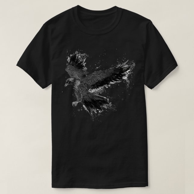 Camiseta Ilustração Detalhada de Raven Escuro Feito à Mão (Frente do Design)