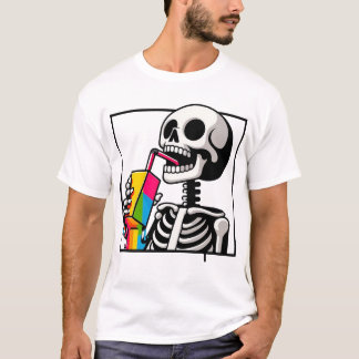 Camiseta Ilustração Divertida de Esqueleto Bebendo Suco