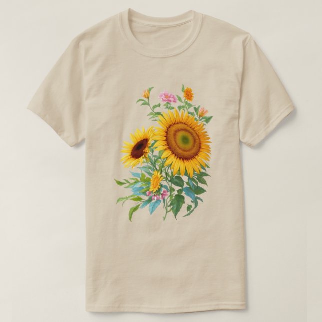 Camiseta Ilustração do Botânico Floral de Buquê de Girassol (Frente do Design)