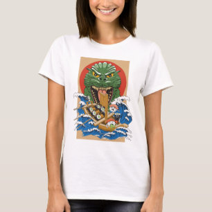 Camiseta Ilustração do Cartoon do Monstro de Sushi Engra