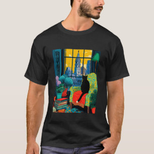 Camiseta Ilustração do Gato Tuxedo com a Silhueta da Cidade