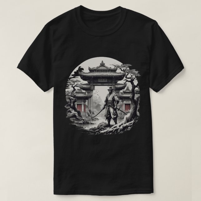 Camiseta Ilustração do Guerreiro Monocromático Samurai (Frente do Design)