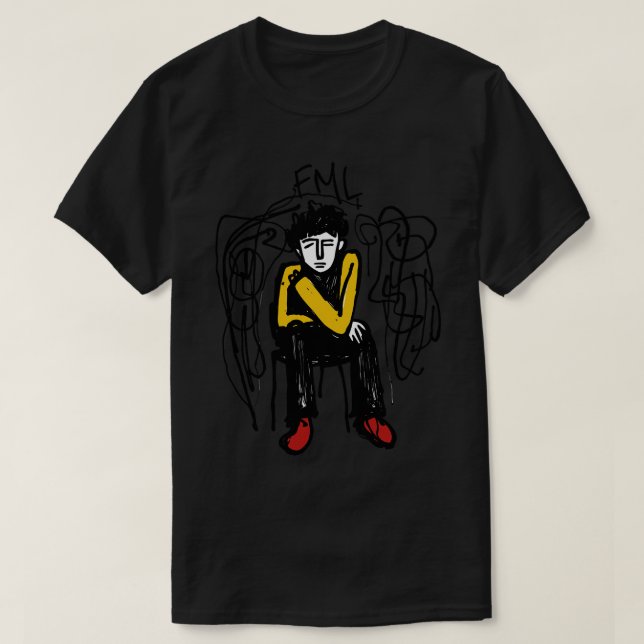 Camiseta Ilustração do Homem Triste FML (Frente do Design)