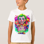 Camiseta Ilustração do Joker Clawn Birthday Kids Gifts<br><div class="desc">Aniversário brilhante e alegre, temático palhaço, com um palhaço feliz, com balões em forma de coração e um presente. Cercado por corações coloridos, esta design vibrante traz uma vibração festiva e brincalhona a qualquer celebração!</div>