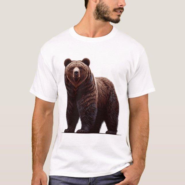 Camiseta Ilustração do Urso Grizzly Majestoso - Força e (Frente)