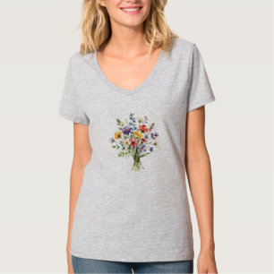 Camiseta Ilustração em Aquarela de Buquê de Flores Silvestr
