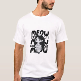 Camiseta Ilustração Estética de Garota Chibi Amante de Gato