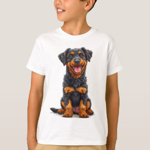 Camiseta Ilustração Feliz de um Cão Preto e Castanho