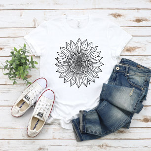 Camiseta Ilustração Floral de Girassol em Arte Linear 