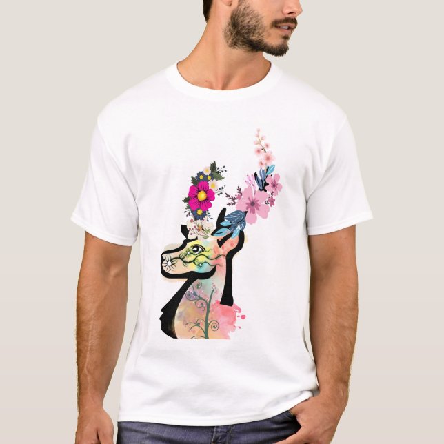 Camiseta Ilustração Floral Deer art-Nature e Wildlife (Frente)