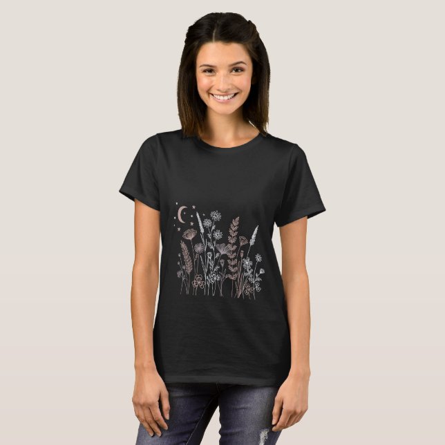 Camiseta Ilustração Floral do Céu Noturno Boho – Lua, Estre (Frente Completa)