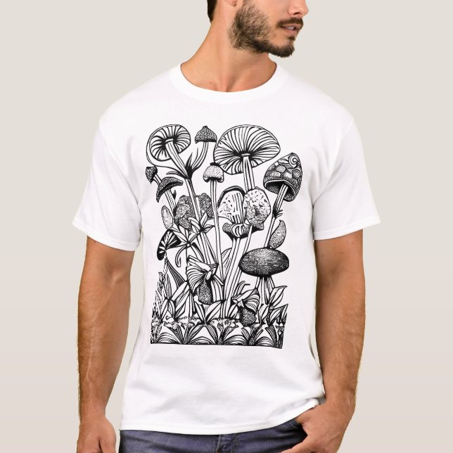 Camiseta Ilustração Floral e Cogumelo (Frente)