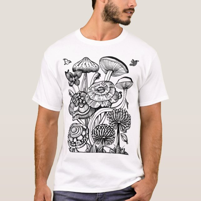 Camiseta Ilustração Floral e Cogumelo (Frente)