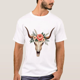 Camiseta Ilustração Floral Vintage de Caveira de Touro Boho