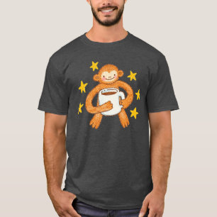 Camiseta Ilustração Fofa de Macaco Amante de Café Desenhada