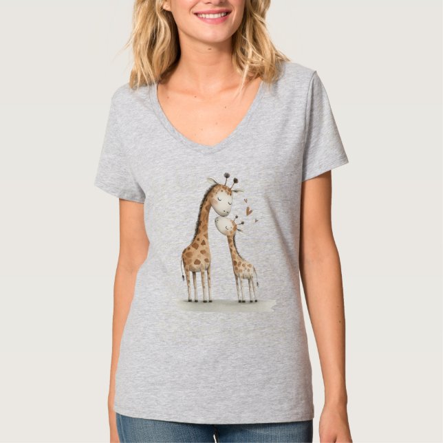 Camiseta Ilustração Fofa de Mamãe e Bebê Girafa (Frente)