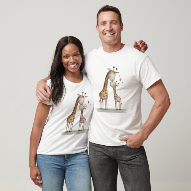 Camiseta Ilustração Fofa de Mamãe e Bebê Girafa (Unissex)