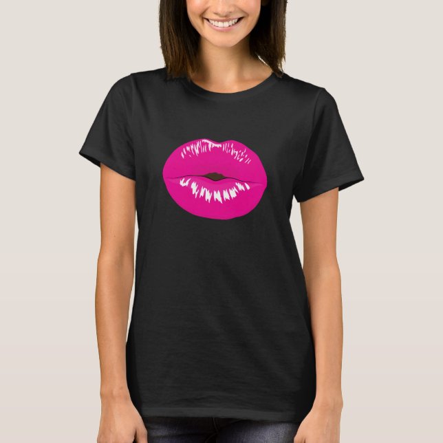 Camiseta Ilustração Glamorosa de Lábios Rosa Quente (Frente)