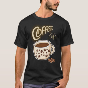 Camiseta Ilustração Gráfica de Caneca de Café e Grãos de Ca