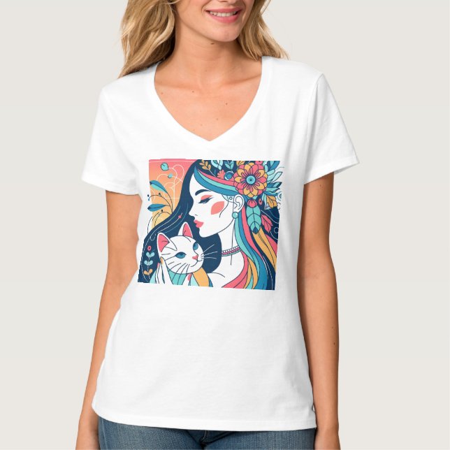 Camiseta Ilustração Gráfica de Senhora Cat (Frente)