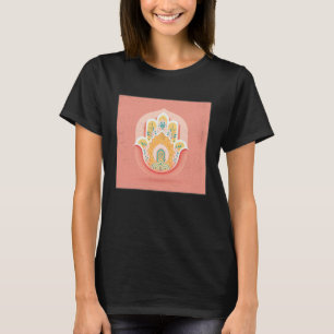Camiseta Ilustração Mão Amarela Hamsa Cor Pastel Mulheres