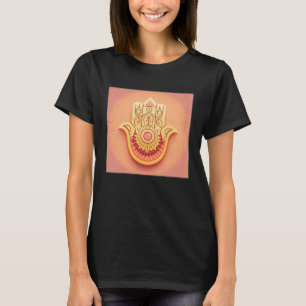 Camiseta Ilustração Mão Hamsa Amarela Cor Pastel Mulheres