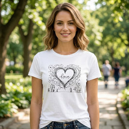 Camiseta Ilustração Minimalista de Coração de Amor Desenhad