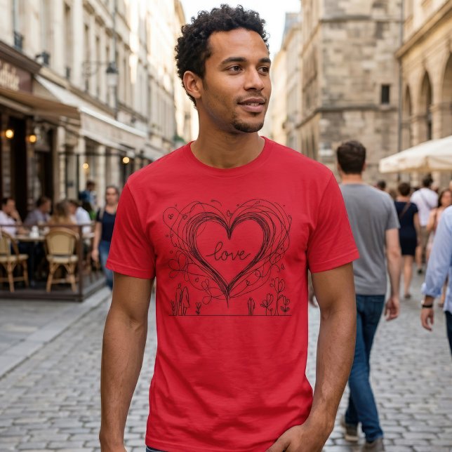 Camiseta Ilustração Minimalista de Coração de Amor Desenhad (Hand-Drawn Love Heart Minimalist Illustration. Men Basic Red T-Shirt)