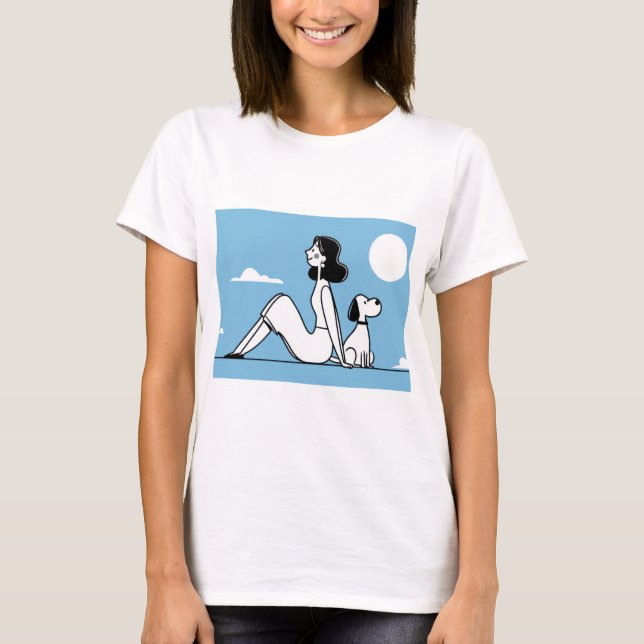 Camiseta Ilustração Minimalista de Mulher e Cachorro (Frente)