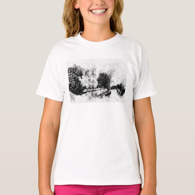 Camiseta Ilustração Monocromática da Catedral de Notre-Dame (Frente)