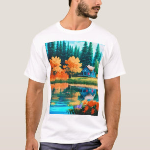 Camiseta Ilustração paisagística com lago de algodão