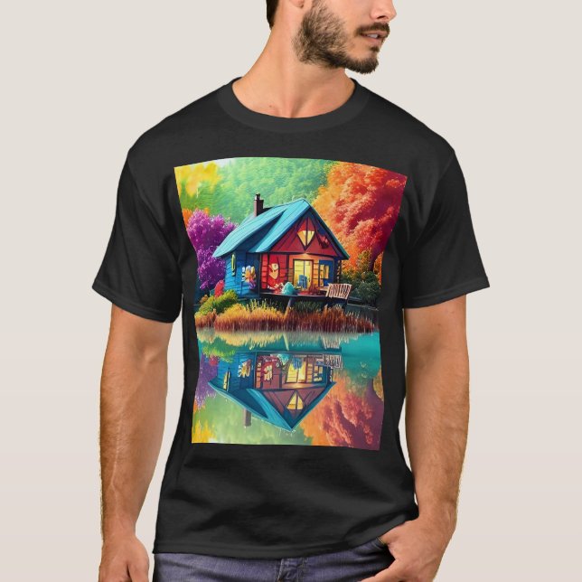 Camiseta Ilustração paisagística com lago de algodão (Frente)