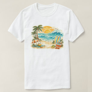 Camiseta Ilustração Retro da Praia Tropical ao Pôr do Sol