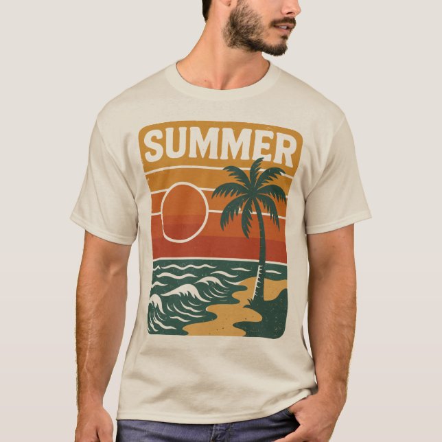 Camiseta Ilustração retrógrada de praia com palmeira e (Frente)