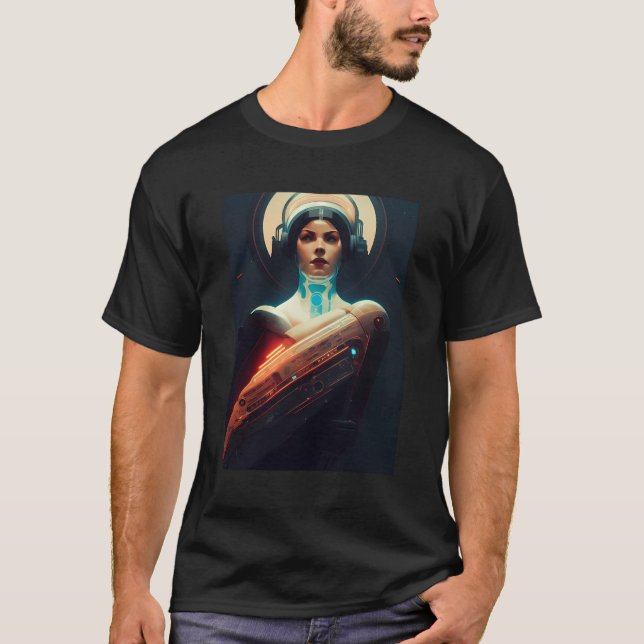 Camiseta Ilustração Sci-Fi Da Mulher Cyborg Retro Dark Vint (Frente)