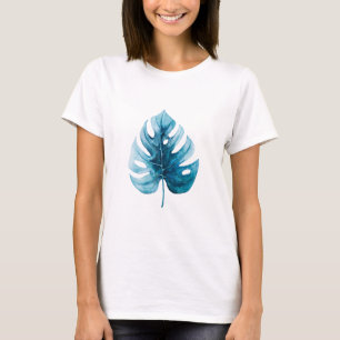 Camiseta Ilustração Simples De Monstera Azul De Cores Aquát
