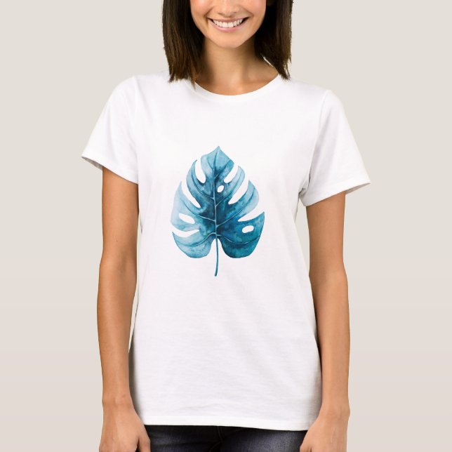 Camiseta Ilustração Simples De Monstera Azul De Cores Aquát (Frente)