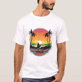 Camiseta Ilustração Tropical Retro do Pôr do Sol na Praia d