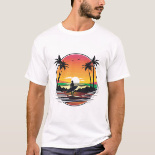 Camiseta Ilustração Tropical Retro do Pôr do Sol na Praia d