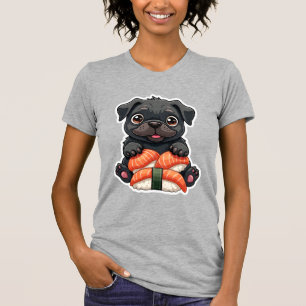 Camiseta Ilustração Vetorial de Sushi de Pug Preto Fofo Vin