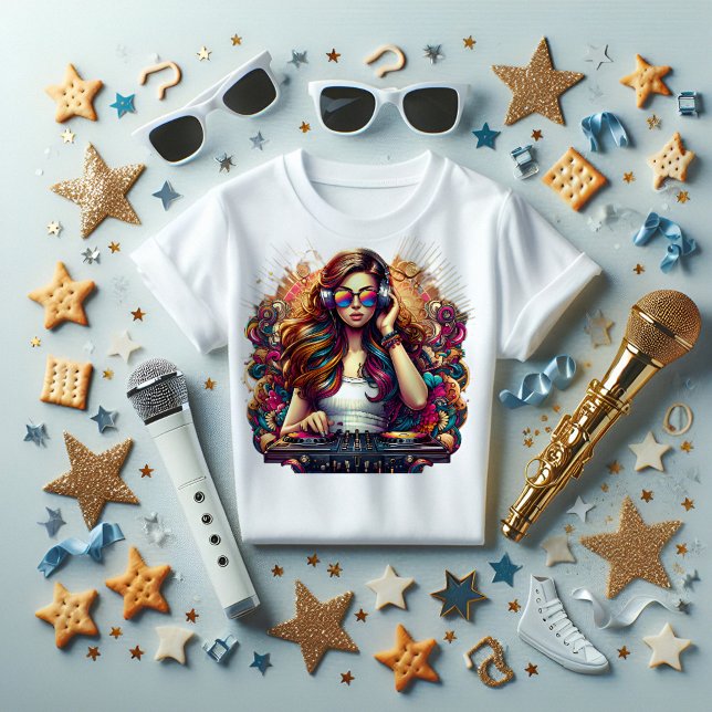 Camiseta Ilustração Vibrante De Rapariga Dj (Criador carregado)