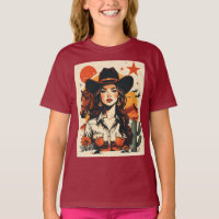 Ilustração Vintage de Cowgirl ao Pôr do Sol no Oes
