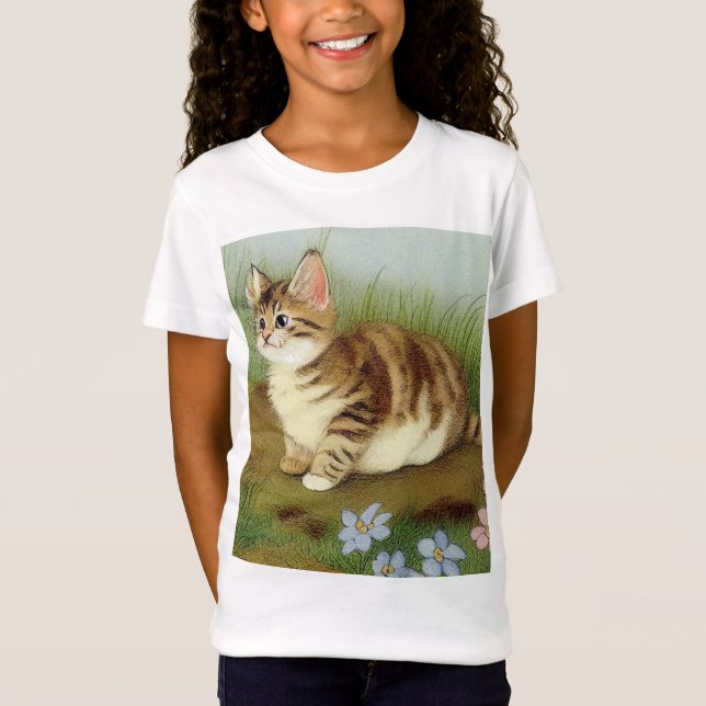 Camiseta Ilustração Vintage Kitten com Flores (Frente)