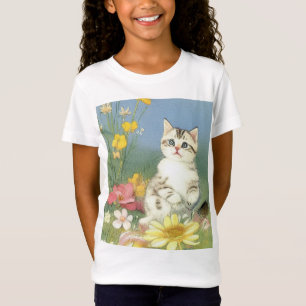 Camiseta Ilustração Vintage Kitten com Flores Amarelas