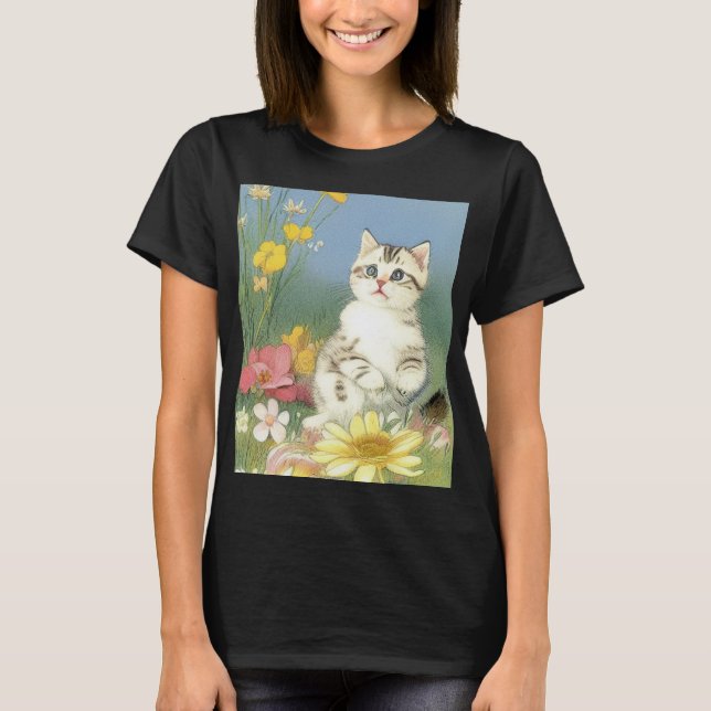 Camiseta Ilustração Vintage Kitten com Flores Amarelas (Frente)