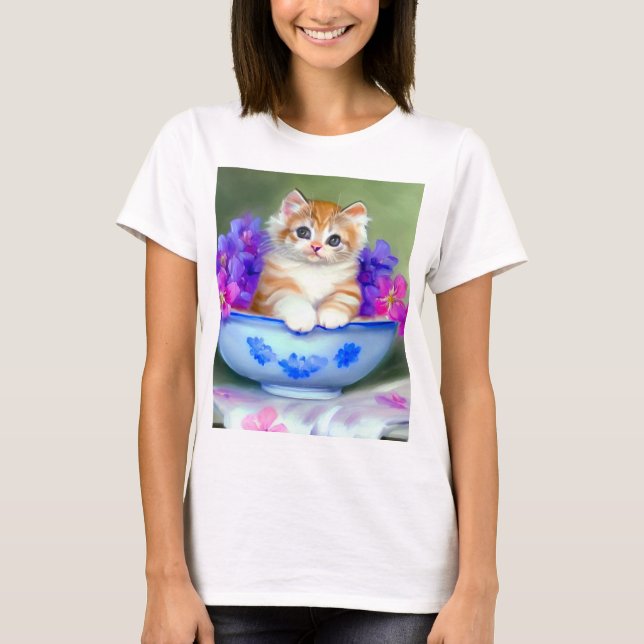 Camiseta Ilustração Vintage Laranja e White Kitten (Frente)