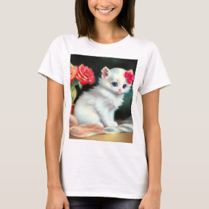 Camiseta Ilustração Vintage White Kitten com Flores Vermelh