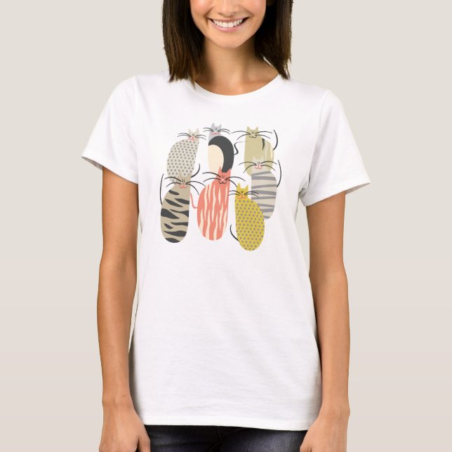 Camiseta Ilustração Whimsical de Gatos Felizes (Frente)